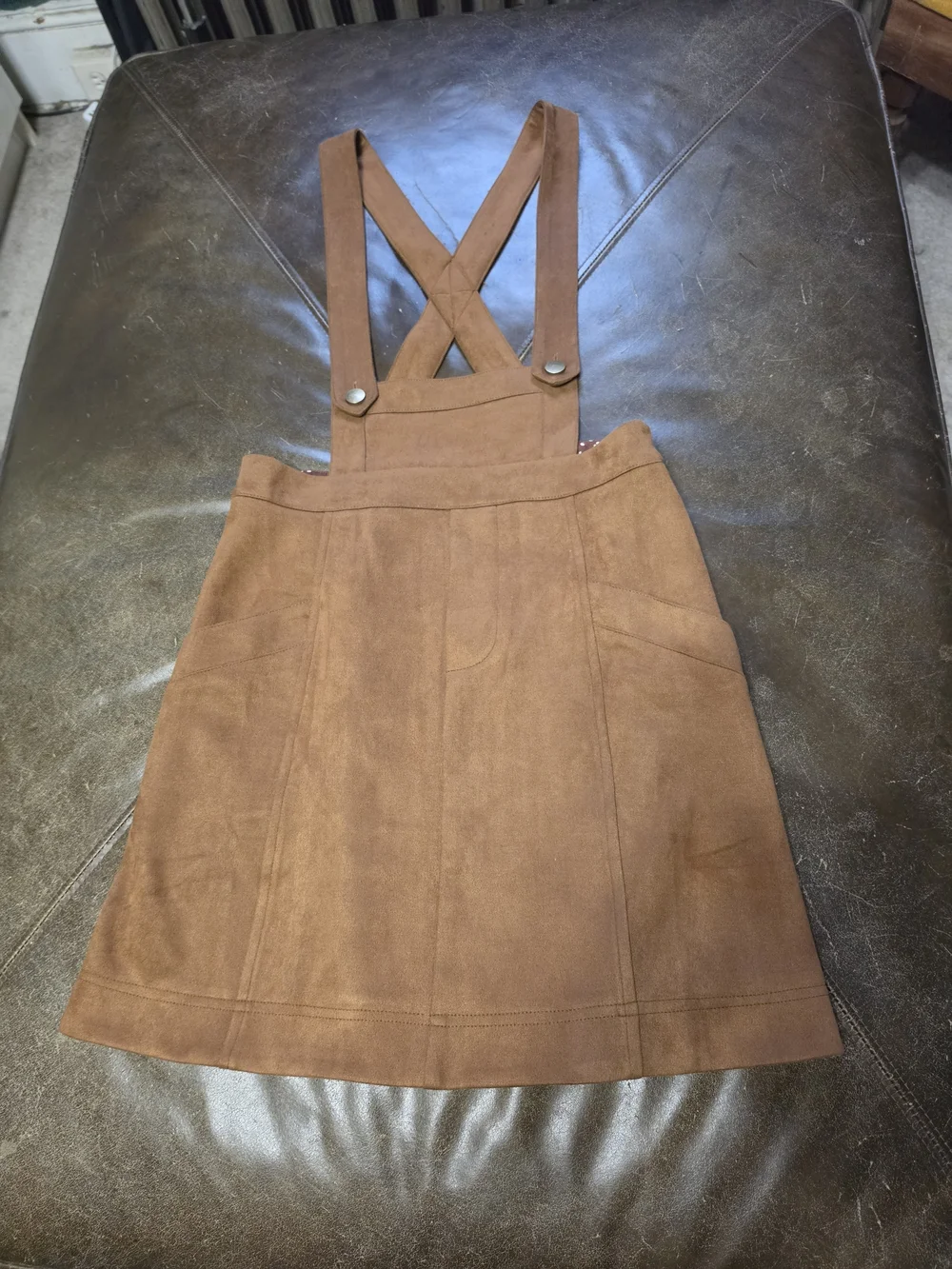 KORI Brown Faux Suede Overall Pinafore Mini Skirt - Size S